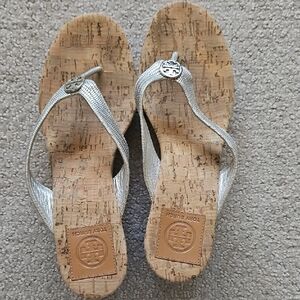 Tory Burch Metallic Silver Cork Wedge Sandals